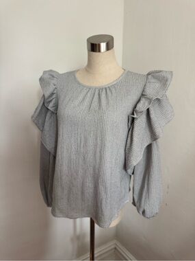 Mango Black & White Ruffle-Sleeve Knit Top